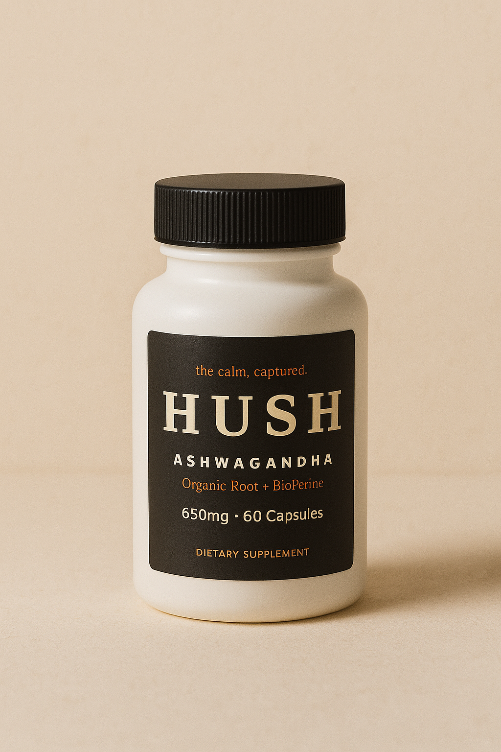 HUSH Ashwagandha bottle on a cream backdrop